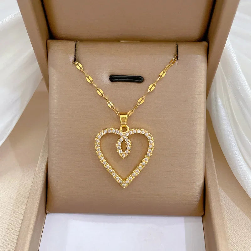 Trendy Heart Stainless Steel Zirconia Necklaces for Women and Girls - Quality of the famous