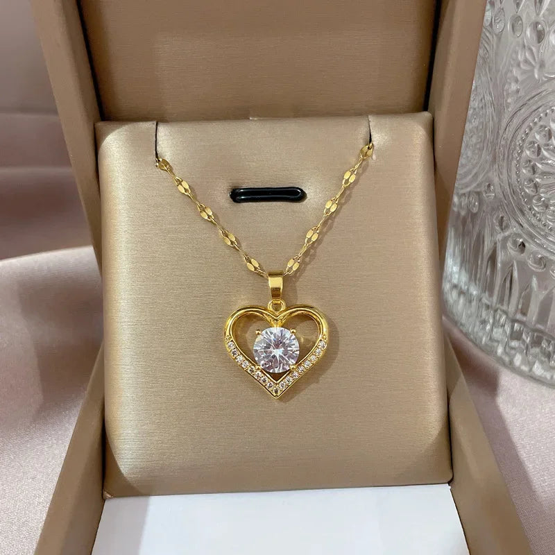 Trendy Heart Stainless Steel Zirconia Necklaces for Women and Girls - Quality of the famous