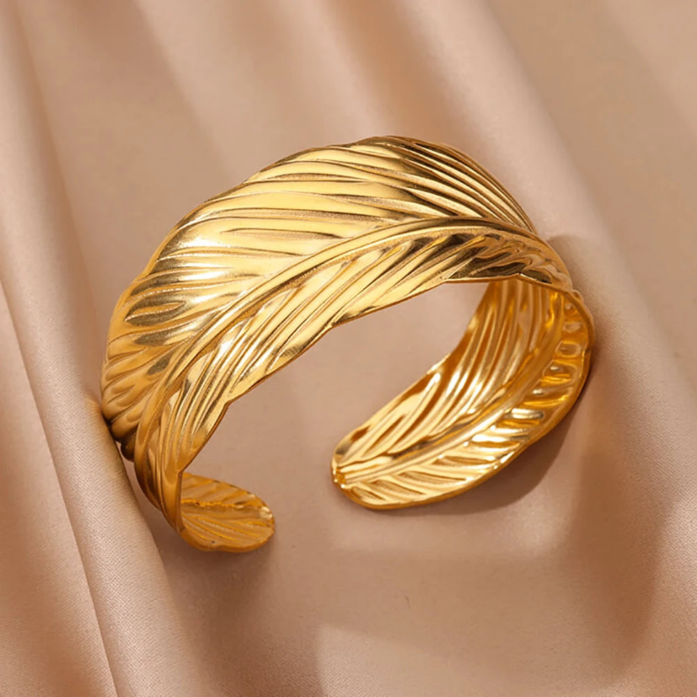 Wide stainless steel bracelets for women, golden luxury, high quality