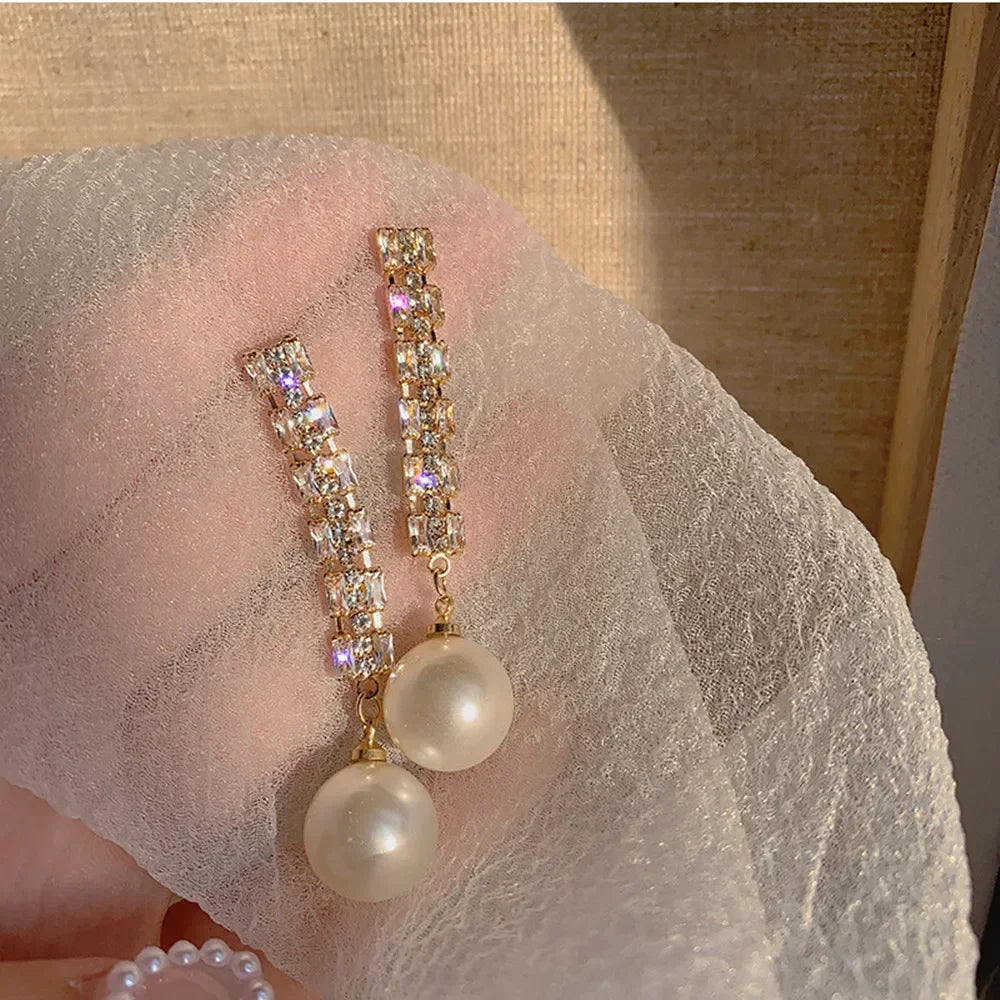 Long Flower Pearl Earrings with Rhinestones – Elegant Jewelry, with a celestial style