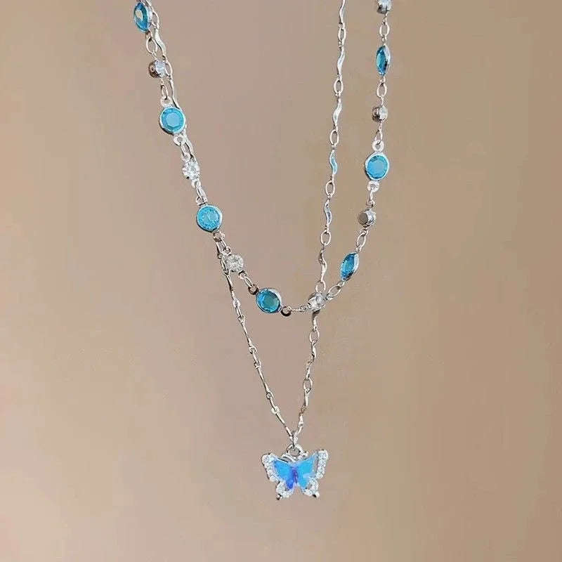 Romantic Blue Crystal Butterfly Necklace for Women and Girls, Shiny and with delicate semi-jewelry