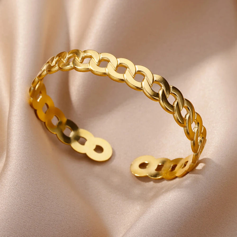 Wide stainless steel bracelets for women, golden luxury, high quality