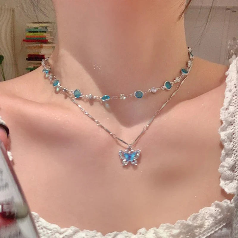 Romantic Blue Crystal Butterfly Necklace for Women and Girls, Shiny and with delicate semi-jewelry