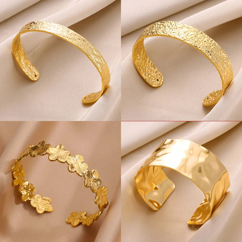 Wide stainless steel bracelets for women, golden luxury, high quality
