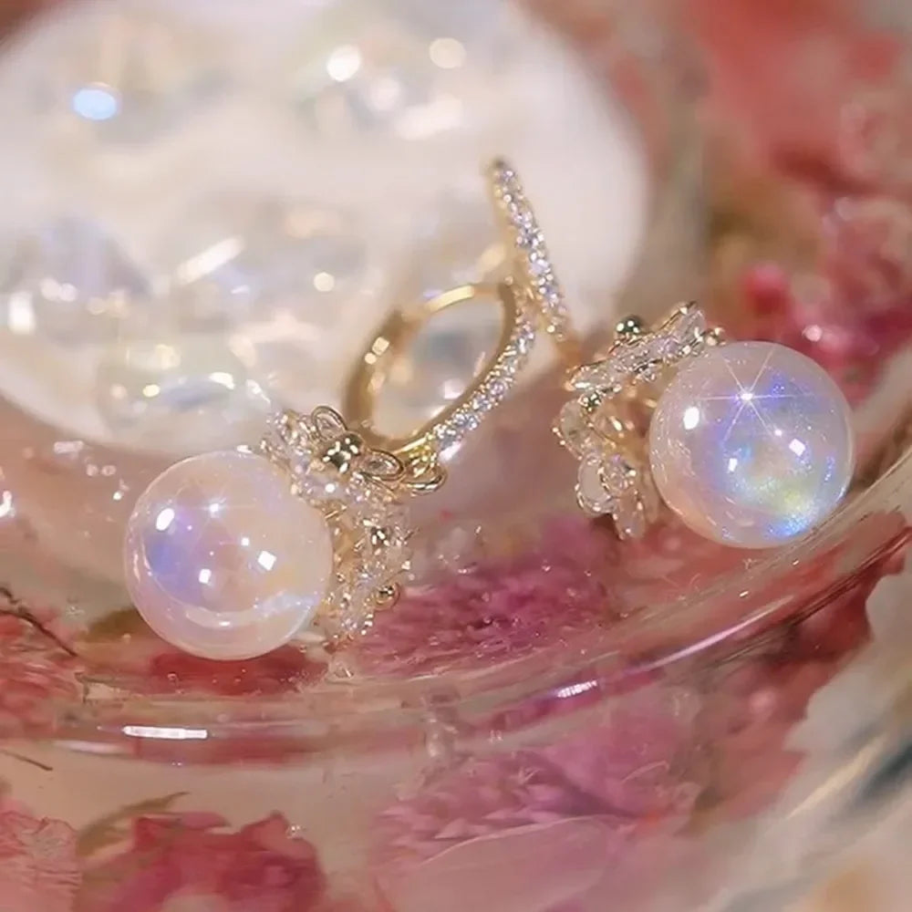 Long Flower Pearl Earrings with Rhinestones – Elegant Jewelry, with a celestial style