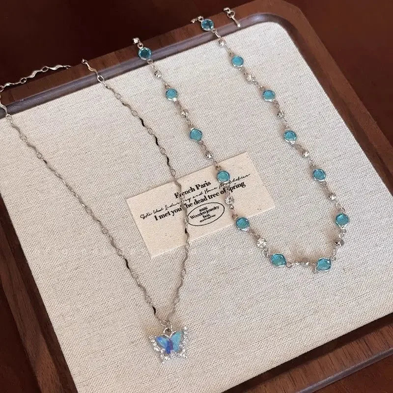 Romantic Blue Crystal Butterfly Necklace for Women and Girls, Shiny and with delicate semi-jewelry