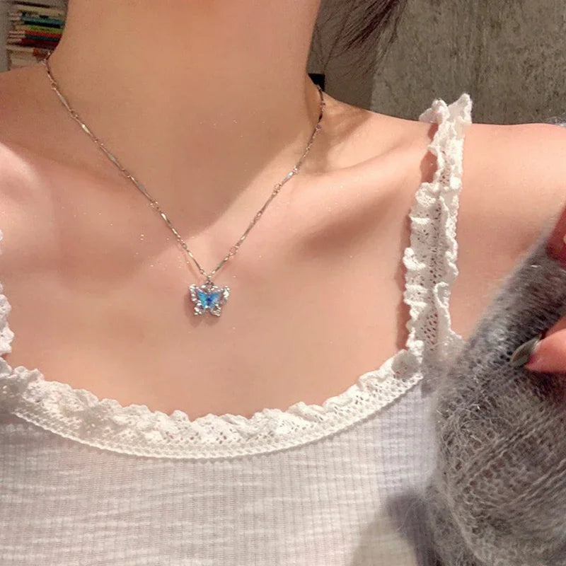 Romantic Blue Crystal Butterfly Necklace for Women and Girls, Shiny and with delicate semi-jewelry