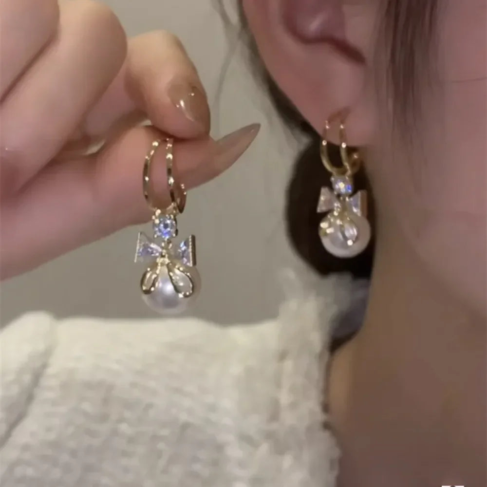 Long Flower Pearl Earrings with Rhinestones – Elegant Jewelry, with a celestial style