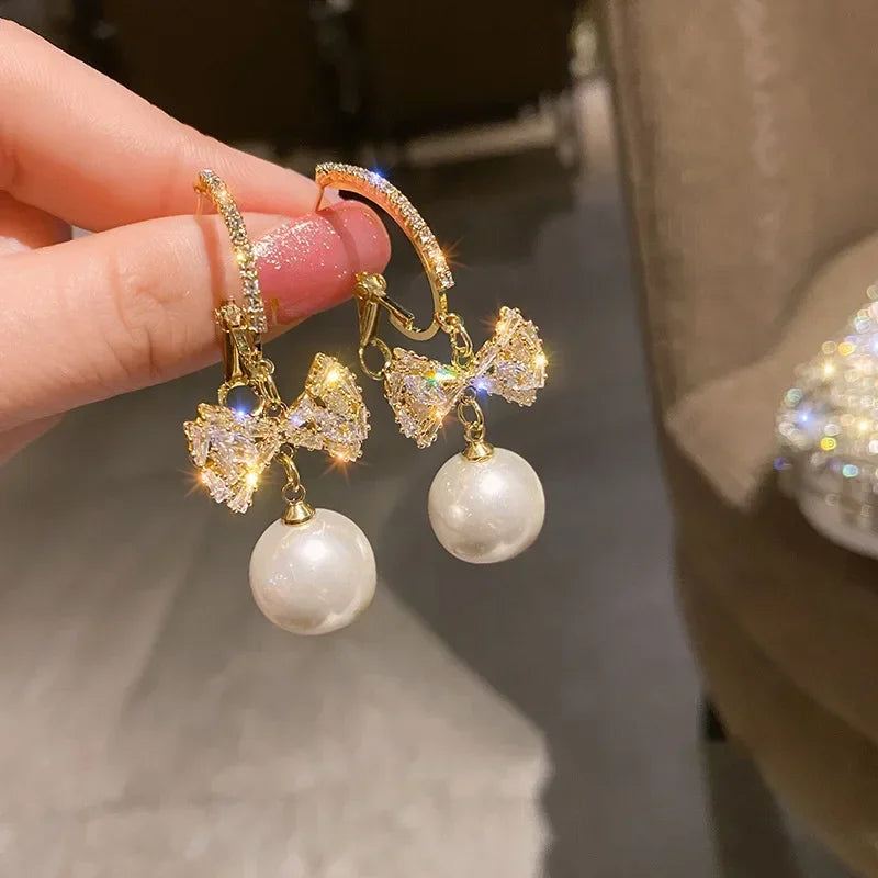 Long Flower Pearl Earrings with Rhinestones – Elegant Jewelry, with a celestial style