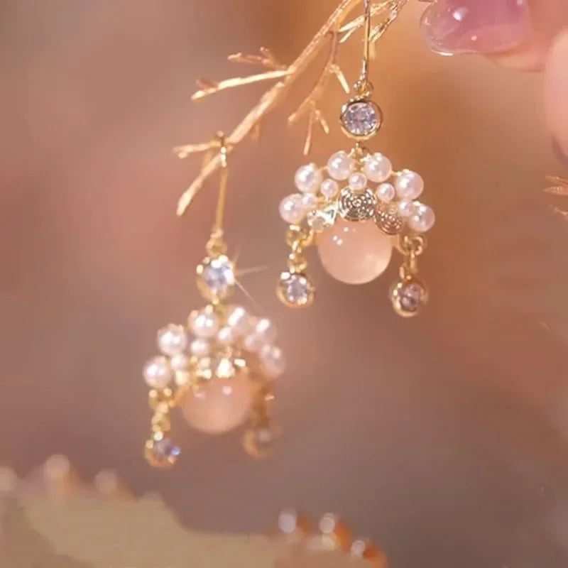Long Flower Pearl Earrings with Rhinestones – Elegant Jewelry, with a celestial style