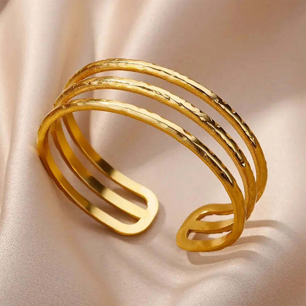 Wide stainless steel bracelets for women, golden luxury, high quality