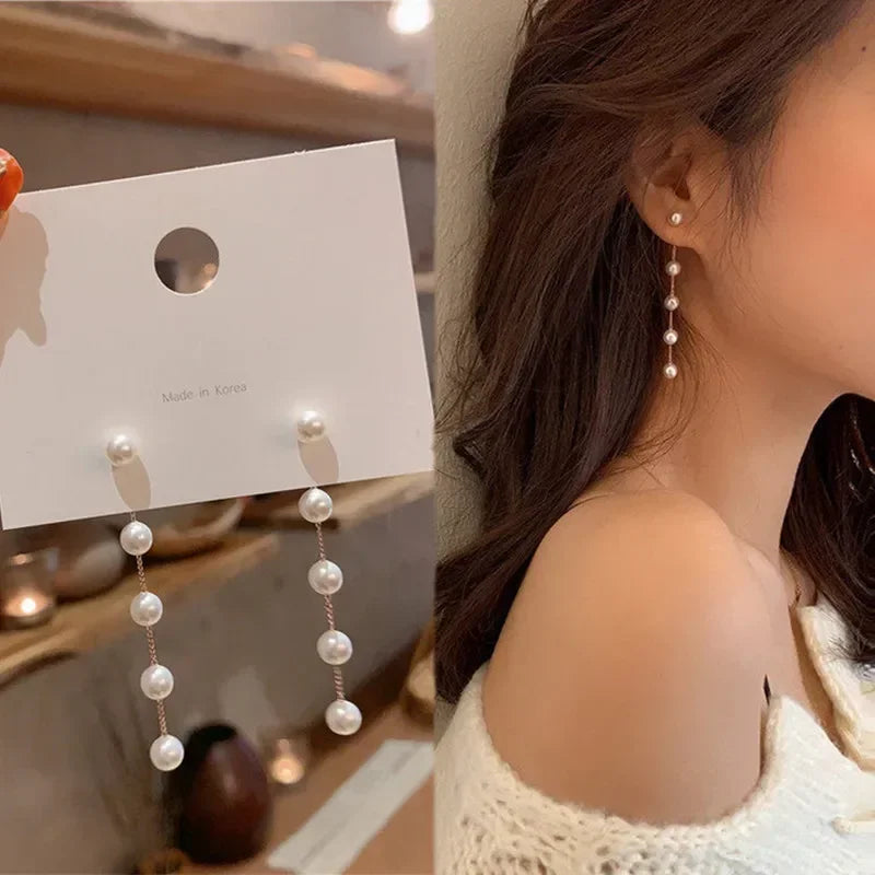 Long Flower Pearl Earrings with Rhinestones – Elegant Jewelry, with a celestial style