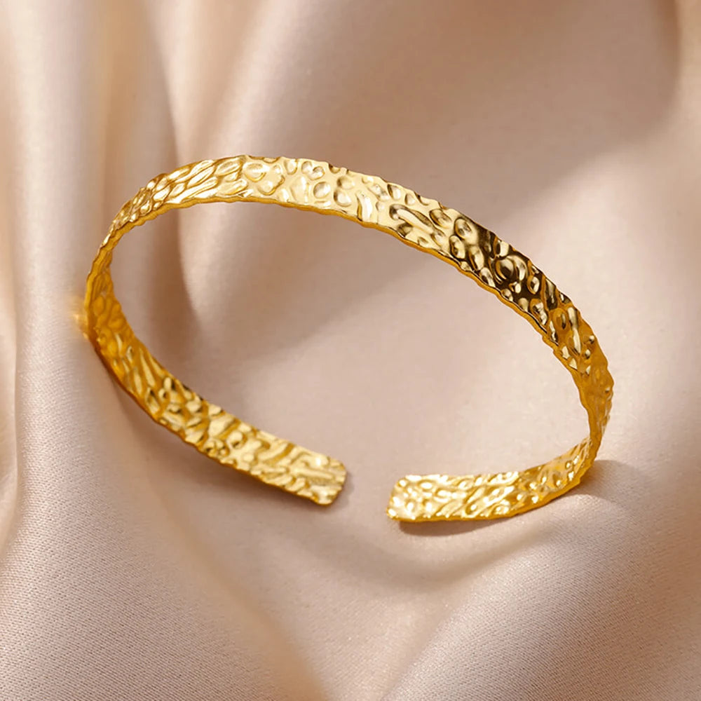 Wide stainless steel bracelets for women, golden luxury, high quality
